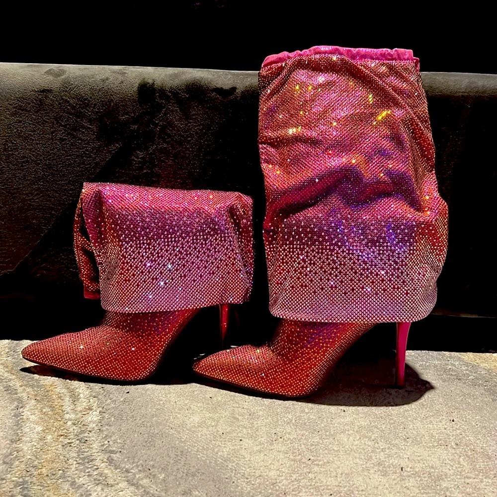 Azalea Wang Wishful Crystal Embellished Pointed Toe Boot Pink Size 7.5 NWT